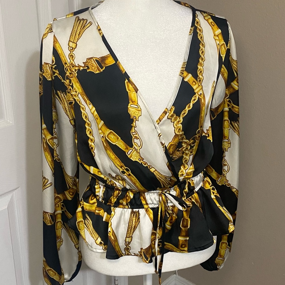 London Rose Size M Silky Top Black Gold Equestrian Design Peplum Gathered Waist